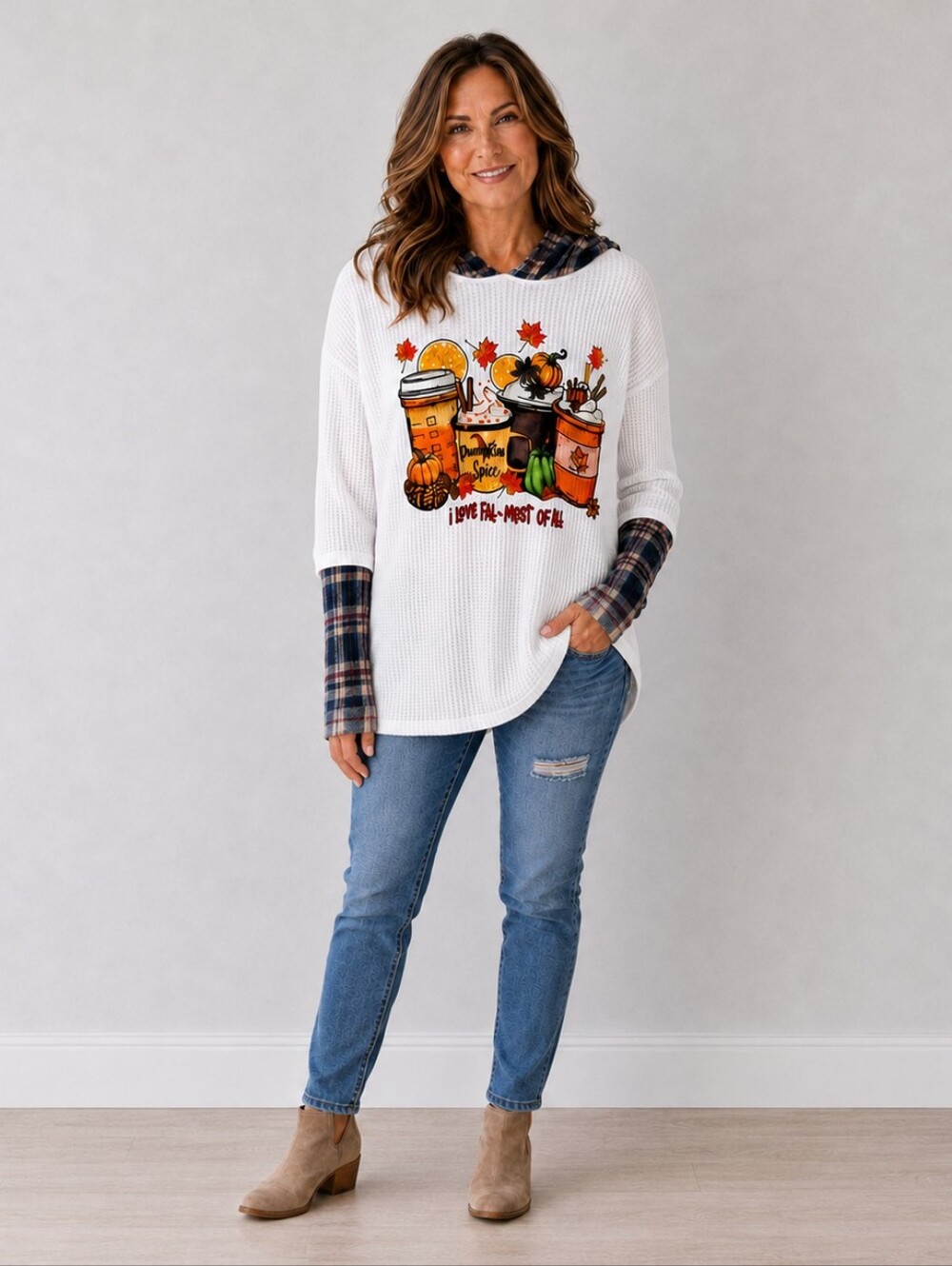 White Plaid-Trim Fall Graphic Hoodie for Women